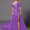 A-Line Off-The-Shoulder With Train Sleeveless Lace-up Pleated Satin Pageant Dresses - Image 8