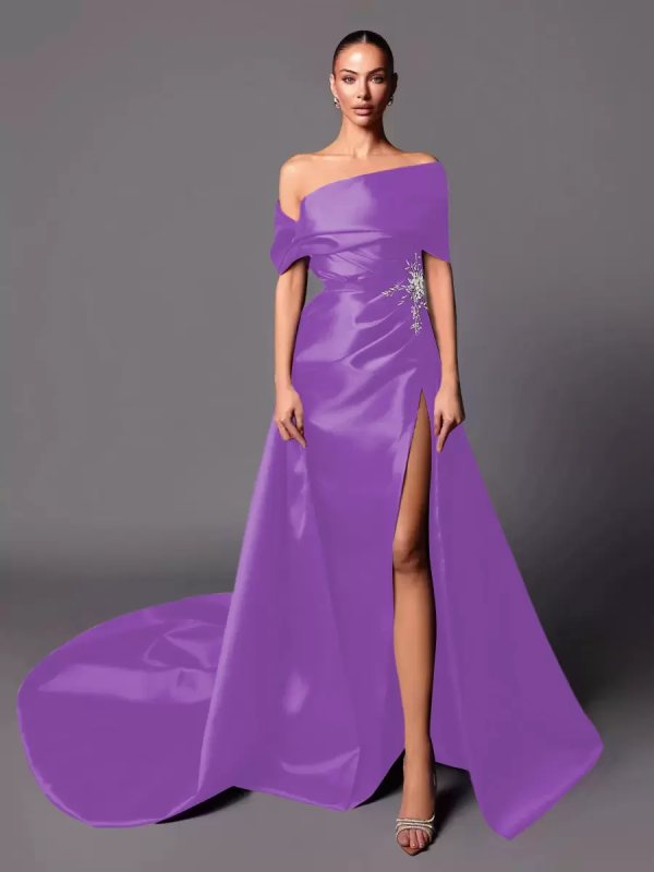 A-Line Off-The-Shoulder With Train Sleeveless Lace-up Pleated Satin Pageant Dresses - Image 8