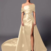 A-Line Off-The-Shoulder With Train Sleeveless Lace-up Pleated Satin Pageant Dresses - Image 9