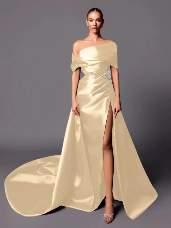 A-Line Off-The-Shoulder With Train Sleeveless Lace-up Pleated Satin Pageant Dresses - Image 9