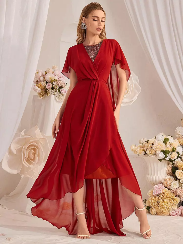Asymmetrical Hem Fashion Cape Sleeves Maxi Party Dress