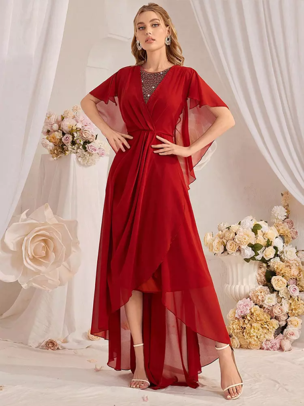 Asymmetrical Hem Fashion Cape Sleeves Maxi Party Dress - Image 2