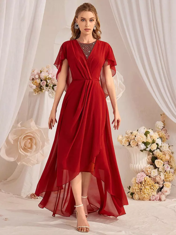 Asymmetrical Hem Fashion Cape Sleeves Maxi Party Dress - Image 3