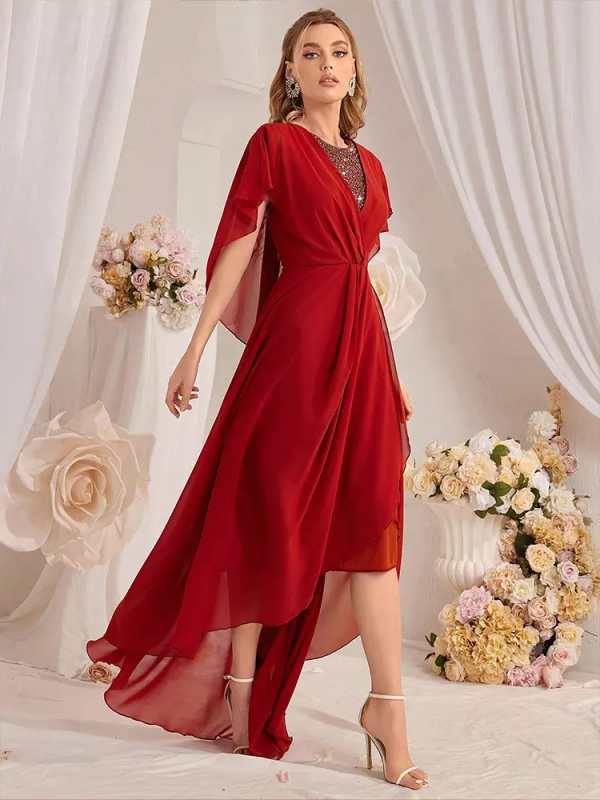 Asymmetrical Hem Fashion Cape Sleeves Maxi Party Dress - Image 5