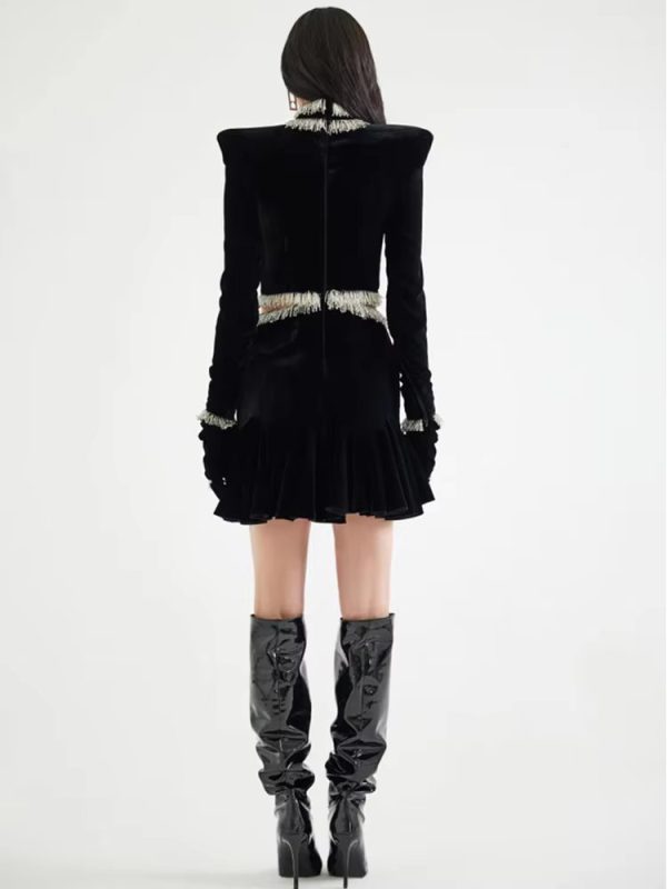Beaded Velvet Hollow Out Fashion Long Sleeve Designer Dresses - Image 2