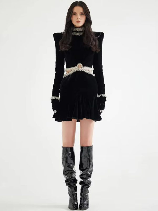 Beaded Velvet Hollow Out Fashion Long Sleeve Designer Dresses - Image 3