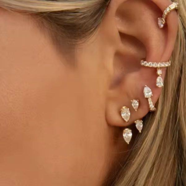 C-shaped Elegant Front and Back Waterdrop Pattern Zircon Stainless Steel Earrings - Image 2