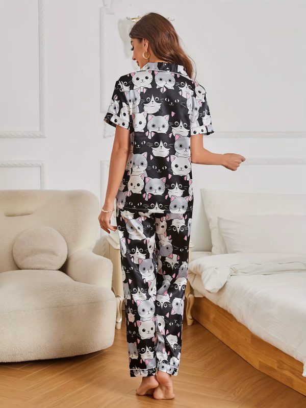 Cartoon Cat Print Short Sleeve Lapel Buttons Top & Elastic Pants Sleepwear - Image 6