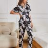 Cartoon Cat Print Short Sleeve Lapel Buttons Top & Elastic Pants Sleepwear - Image 4