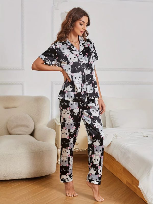 Cartoon Cat Print Short Sleeve Lapel Buttons Top & Elastic Pants Sleepwear - Image 4