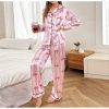 Casual Bow Printed Satin Pajamas with Long Sleeves Top and Full Length Pants suit set