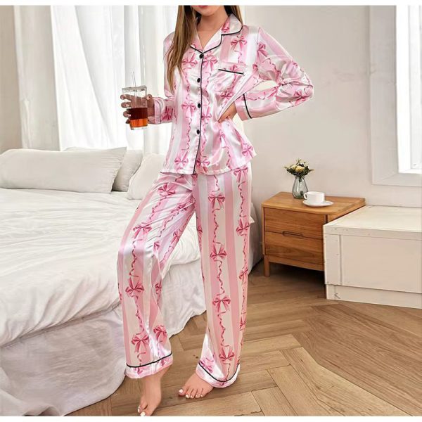 Casual Bow Printed Satin Pajamas with Long Sleeves Top and Full Length Pants suit set