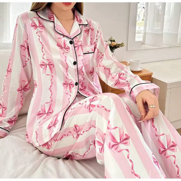 Casual Bow Printed Satin Pajamas with Long Sleeves Top and Full Length Pants suit set - Image 2