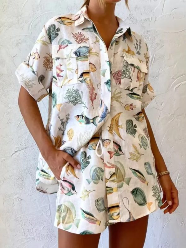 Casual Loose Lanyard 2 Pieces  Short Sleeve Tops And Short Set - Image 2