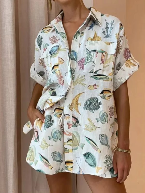 Casual Loose Lanyard 2 Pieces  Short Sleeve Tops And Short Set