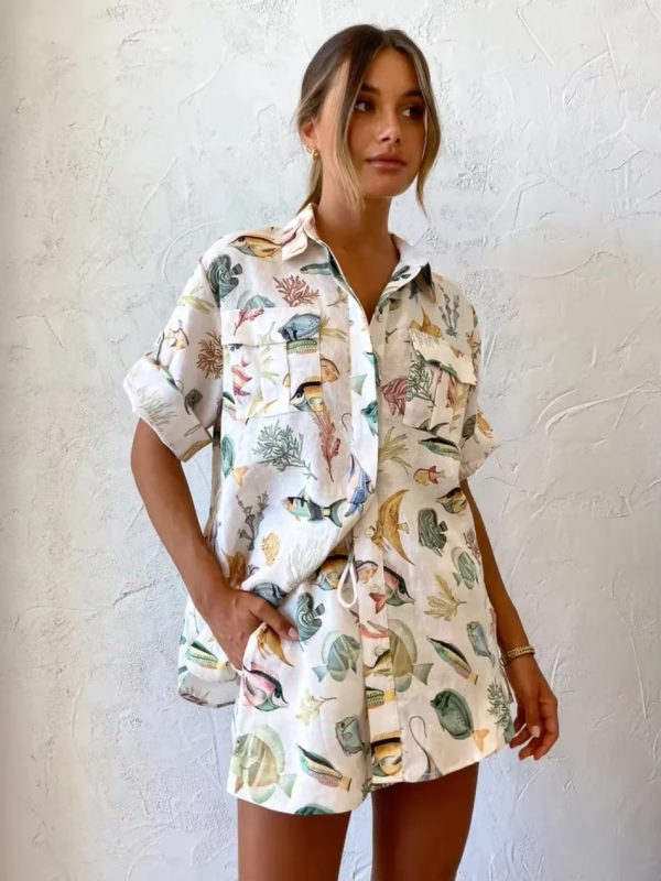 Casual Loose Lanyard 2 Pieces  Short Sleeve Tops And Short Set - Image 4
