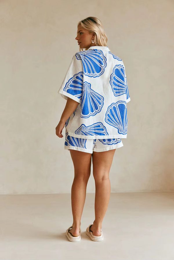 Casual Printed Turn Down Collar Loose Blouse Shirt & Loose Mini Shorts Sets - Image 2