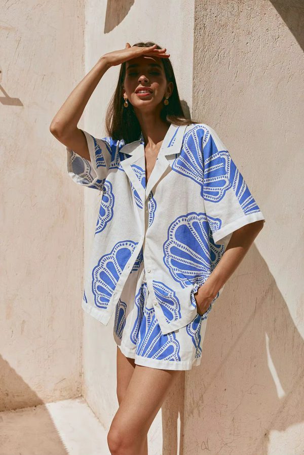 Casual Printed Turn Down Collar Loose Blouse Shirt & Loose Mini Shorts Sets - Image 3