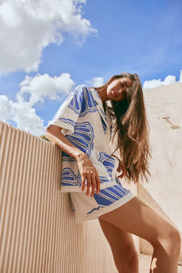 Casual Printed Turn Down Collar Loose Blouse Shirt & Loose Mini Shorts Sets - Image 5
