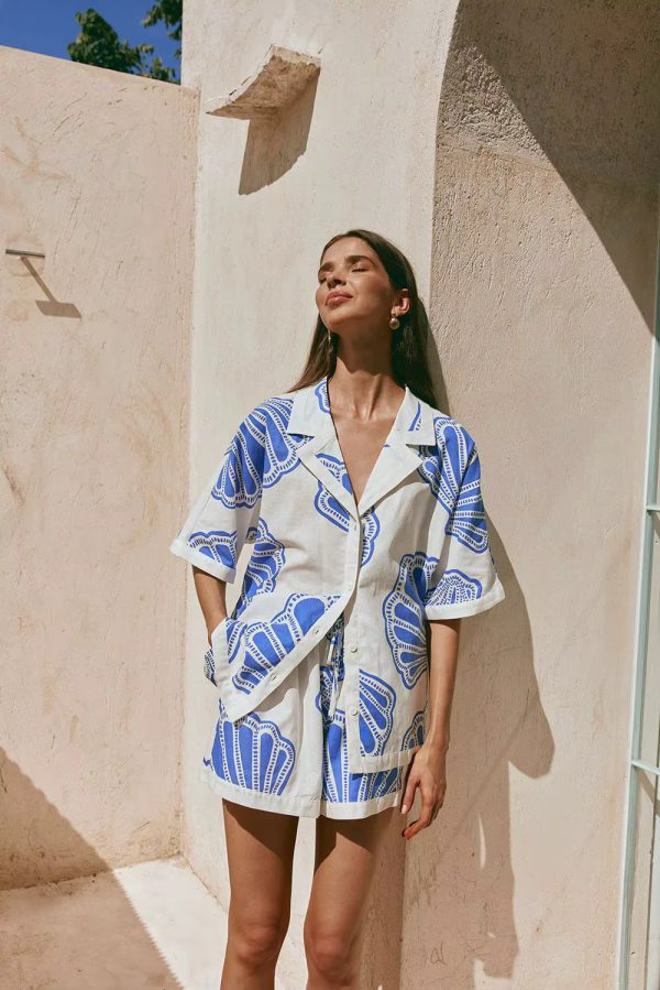 Casual Printed Turn Down Collar Loose Blouse Shirt & Loose Mini Shorts Sets - Image 6