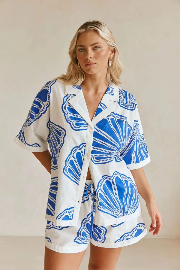 Casual Printed Turn Down Collar Loose Blouse Shirt & Loose Mini Shorts Sets - Image 7