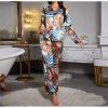 Casual and Comfortable Satin Printed Long Sleeved Two Piece Set