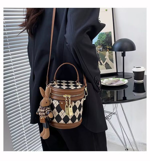 Designer Zipper Small Bucket Fashion Shoulder Bag With Brown Doll Charm - Image 4