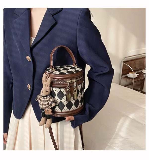Designer Zipper Small Bucket Fashion Shoulder Bag With Brown Doll Charm - Image 5