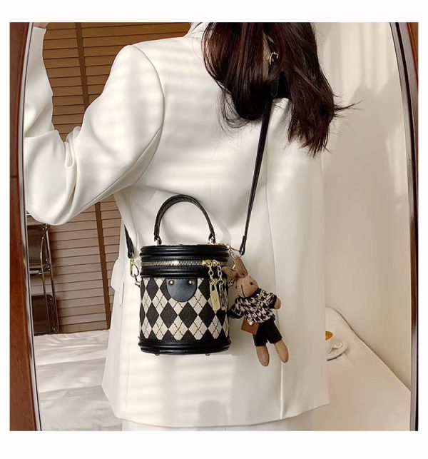 Designer Zipper Small Bucket Fashion Shoulder Bag With Brown Doll Charm - Image 6