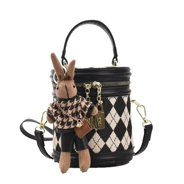Designer Zipper Small Bucket Fashion Shoulder Bag With Brown Doll Charm - Image 7