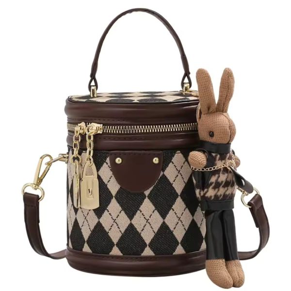 Designer Zipper Small Bucket Fashion Shoulder Bag With Brown Doll Charm - Image 8