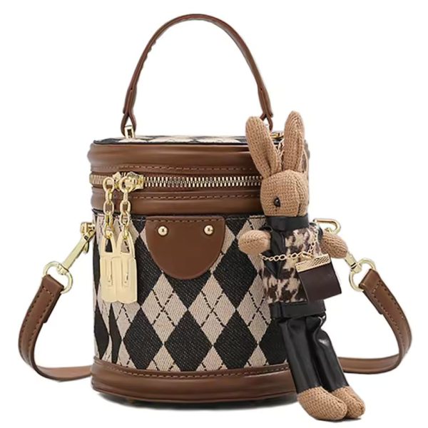 Designer Zipper Small Bucket Fashion Shoulder Bag With Brown Doll Charm - Image 9
