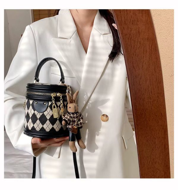 Designer Zipper Small Bucket Fashion Shoulder Bag With Brown Doll Charm - Image 10