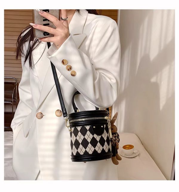 Designer Zipper Small Bucket Fashion Shoulder Bag With Brown Doll Charm - Image 2