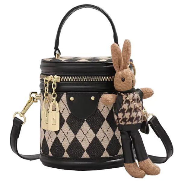 Designer Zipper Small Bucket Fashion Shoulder Bag With Brown Doll Charm - Image 3