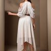 Elegant Hollow Out Asymmetrical Hem Halter Solid Mesh Formal Party Midi Dresses - Image 2