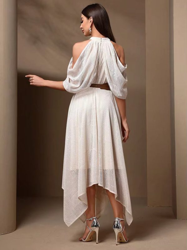Elegant Hollow Out Asymmetrical Hem Halter Solid Mesh Formal Party Midi Dresses - Image 2