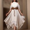 Elegant Hollow Out Asymmetrical Hem Halter Solid Mesh Formal Party Midi Dresses