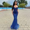 Elegant Mermaid Pearls Pattern Off the Shoulder Beads Sequin Long Formal Prom Dress - Image 2