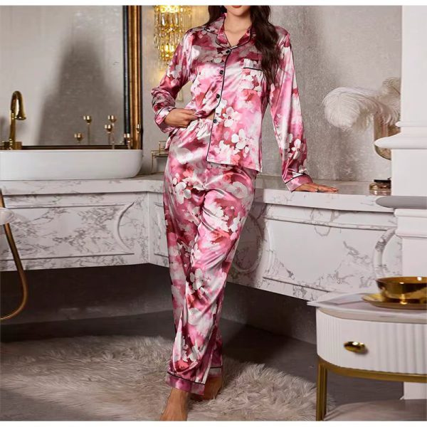 Elegant Satin Pajama Set with Printed Long Sleeve Top and Comfy Waist Pants - Image 5