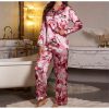 Elegant Satin Pajama Set with Printed Long Sleeve Top and Comfy Waist Pants