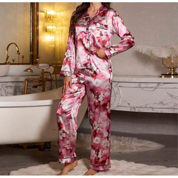 Elegant Satin Pajama Set with Printed Long Sleeve Top and Comfy Waist Pants