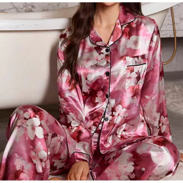 Elegant Satin Pajama Set with Printed Long Sleeve Top and Comfy Waist Pants - Image 2