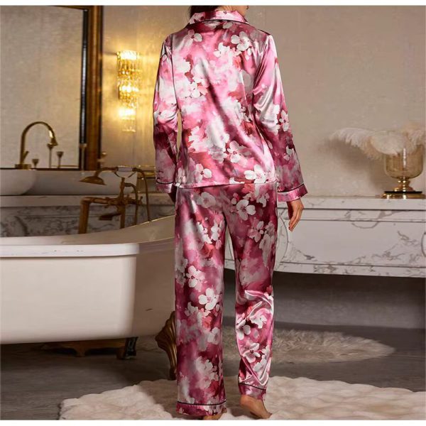 Elegant Satin Pajama Set with Printed Long Sleeve Top and Comfy Waist Pants - Image 3