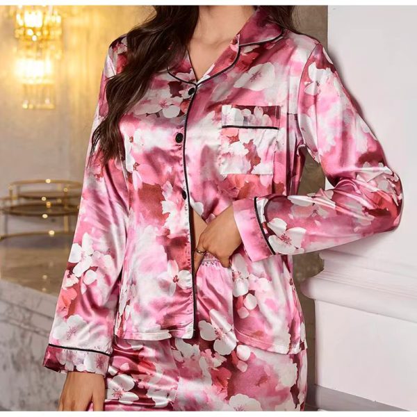 Elegant Satin Pajama Set with Printed Long Sleeve Top and Comfy Waist Pants - Image 4