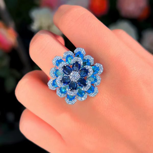 Elegant Shiny Blue Zirconia 3D Design Luxury Big Flower Open Size Ring