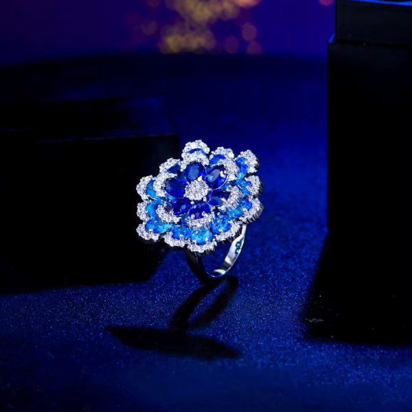 Elegant Shiny Blue Zirconia 3D Design Luxury Big Flower Open Size Ring - Image 2