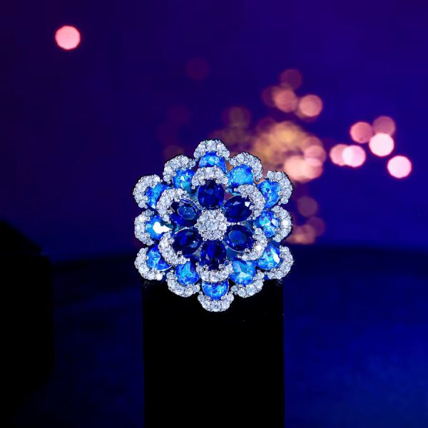 Elegant Shiny Blue Zirconia 3D Design Luxury Big Flower Open Size Ring - Image 3