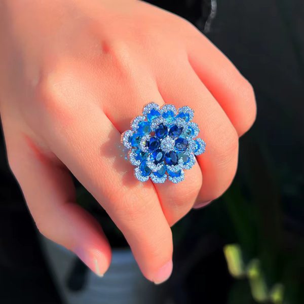 Elegant Shiny Blue Zirconia 3D Design Luxury Big Flower Open Size Ring - Image 4