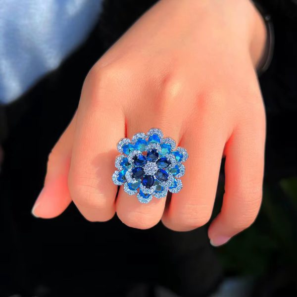 Elegant Shiny Blue Zirconia 3D Design Luxury Big Flower Open Size Ring - Image 5
